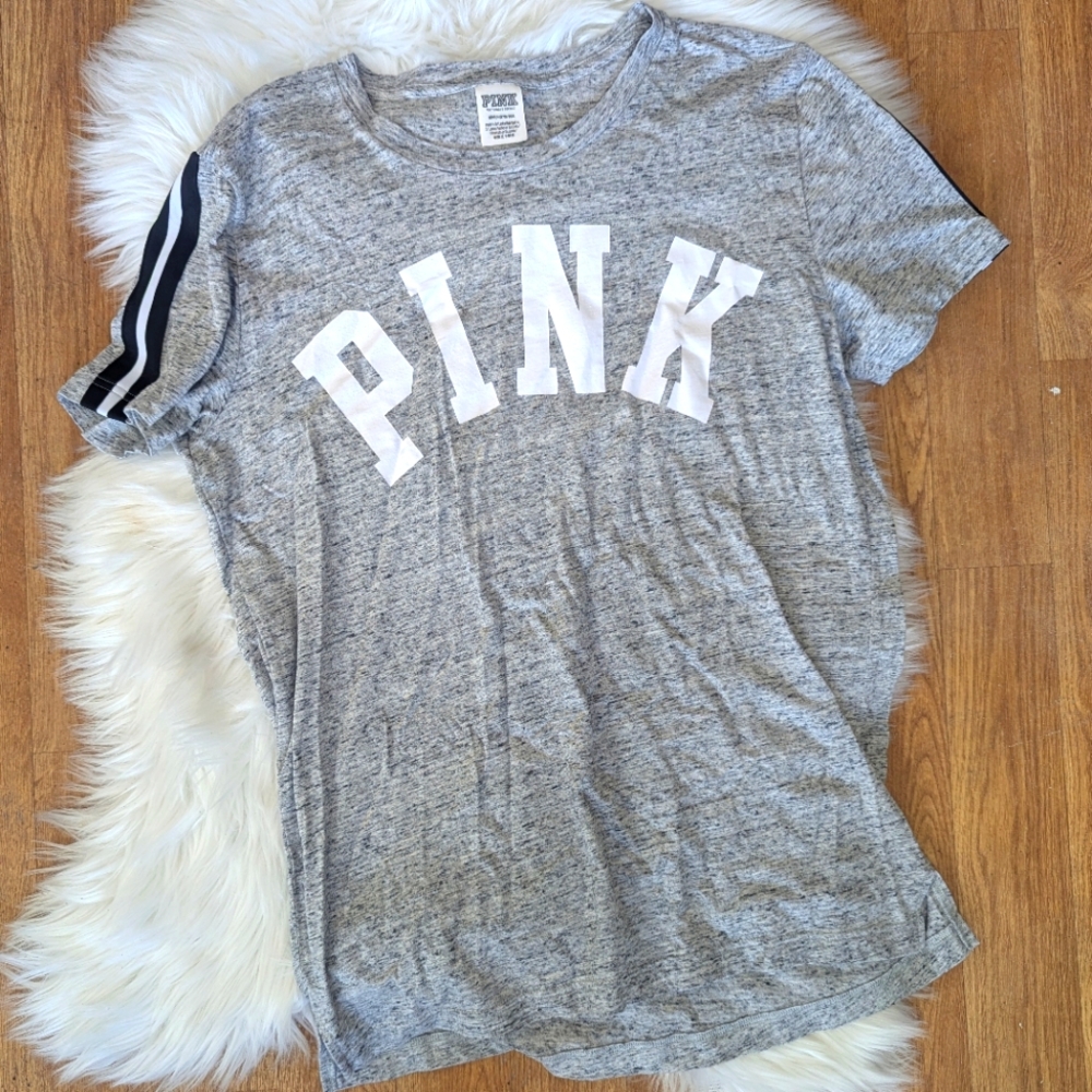 PINK Victoria's Secret Stripe Shoulders Oversized T-shirt Gray With White Print